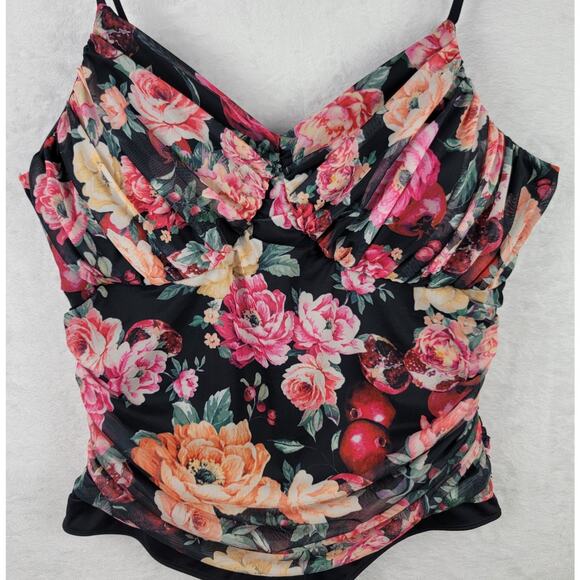 Whimsigoth Romantic Thong Contour Bodysuit XL Strappy Rusch Black Mesh Floral - Picture 2 of 13